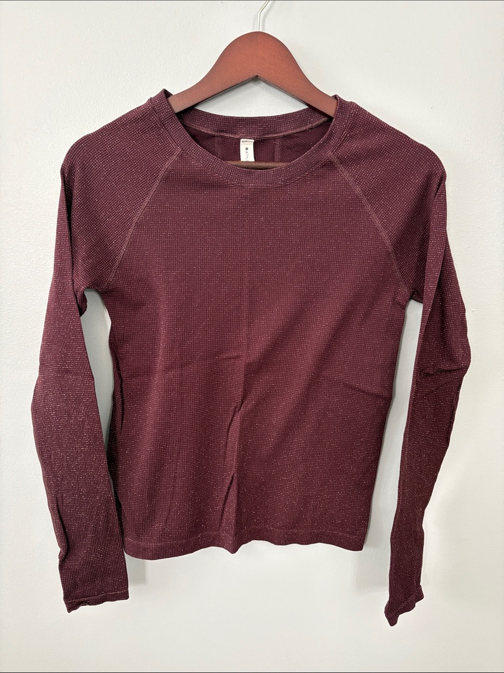 Athleta Waffle Crewneck Long Sleeve Top - Burgundy with Silver Sparkle Detail